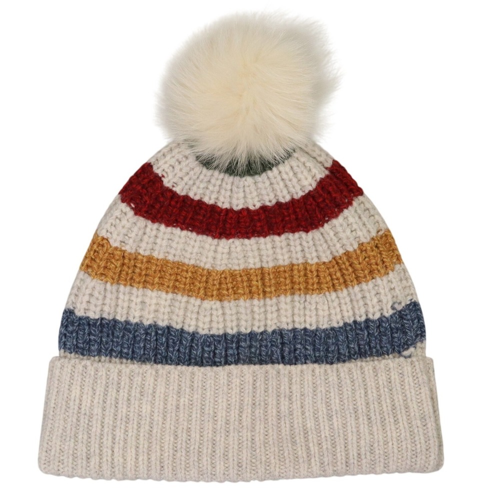 Hudson's Bay Lambswool Striped Knit Beanie with Fox Fur Pom‎ Ivory Multicolor